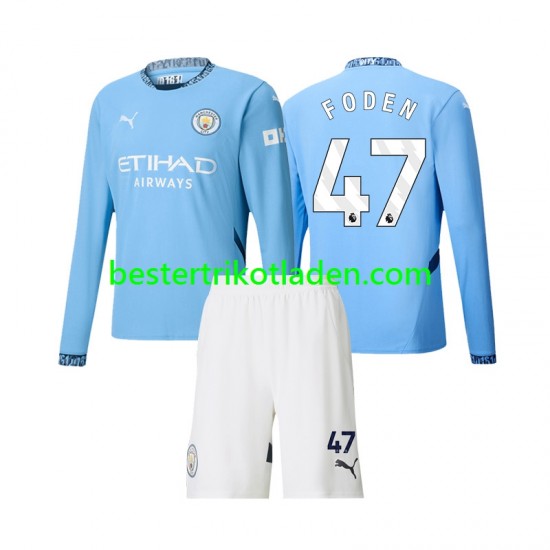 Fußballtrikot Manchester City Phil Foden 47 Heim Trikot Home 2024-2025 Langarm für Kinder