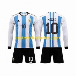 Fußballtrikot Argentinien 3 Stars Lionel Messi 10 Heim Trikot Home WM 2022 Langarm für Kinder